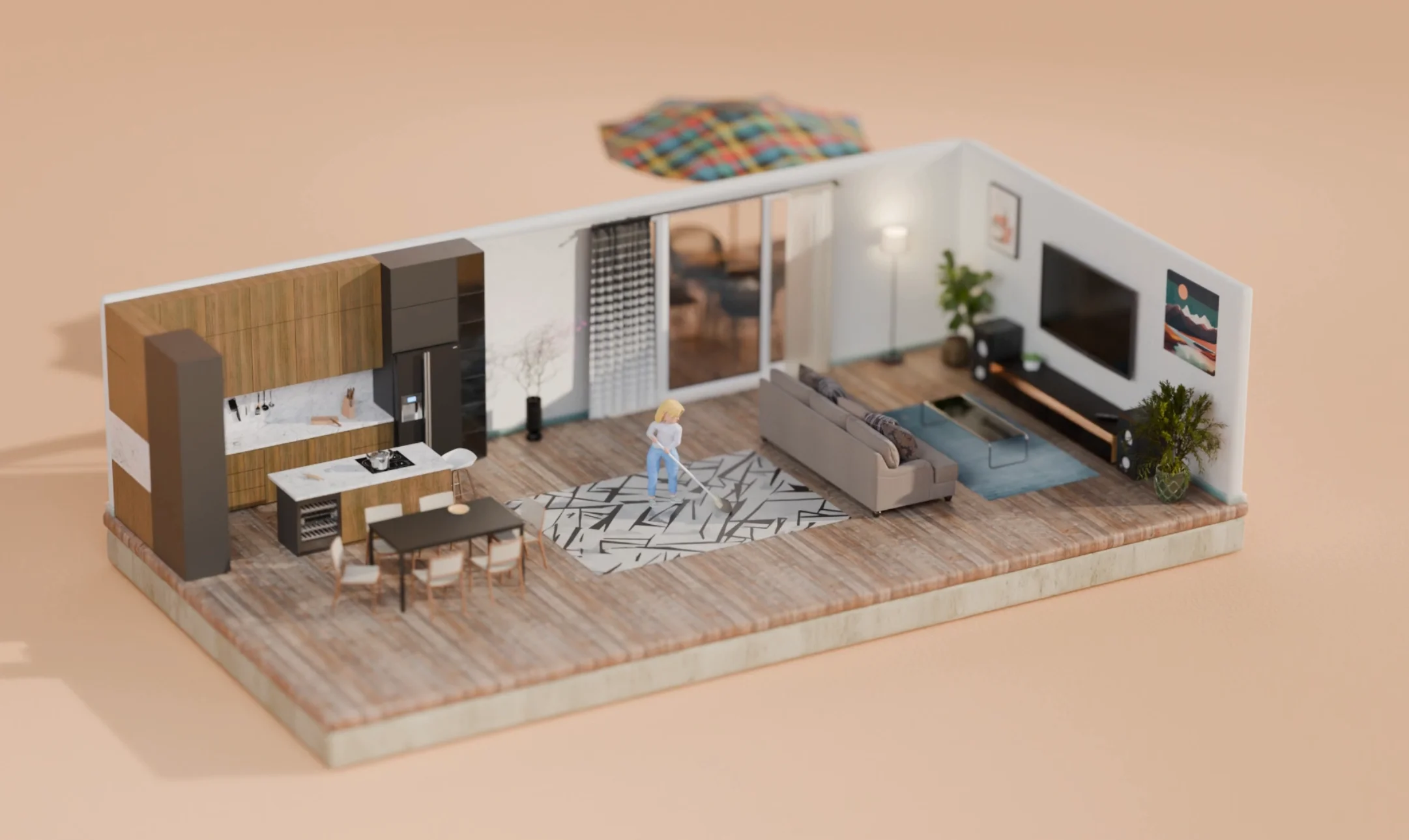 A miniature living room with a person inside it.