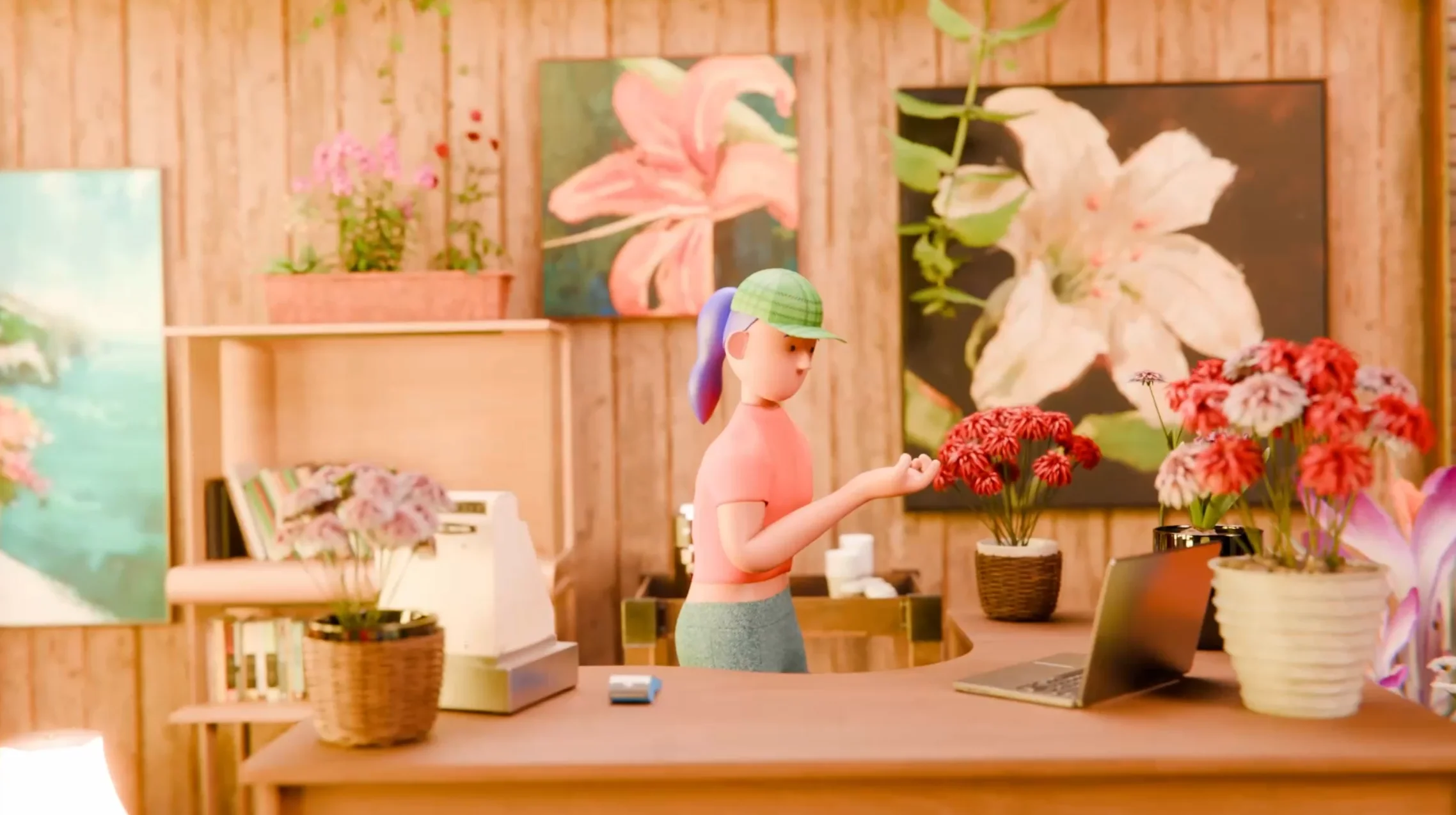 A stylized 3D character surrounded by flowers, plants, and wooden shelves in a flower shop.