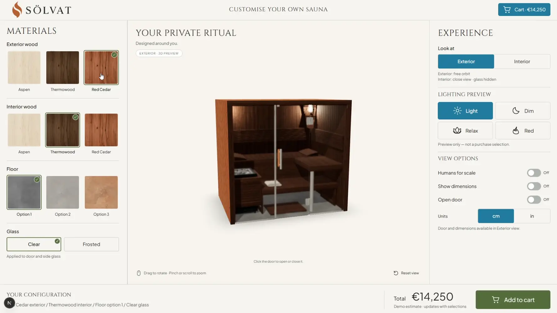 A webpage of a 3D web Sauna configurator with various selections to choose from before adding to cart.