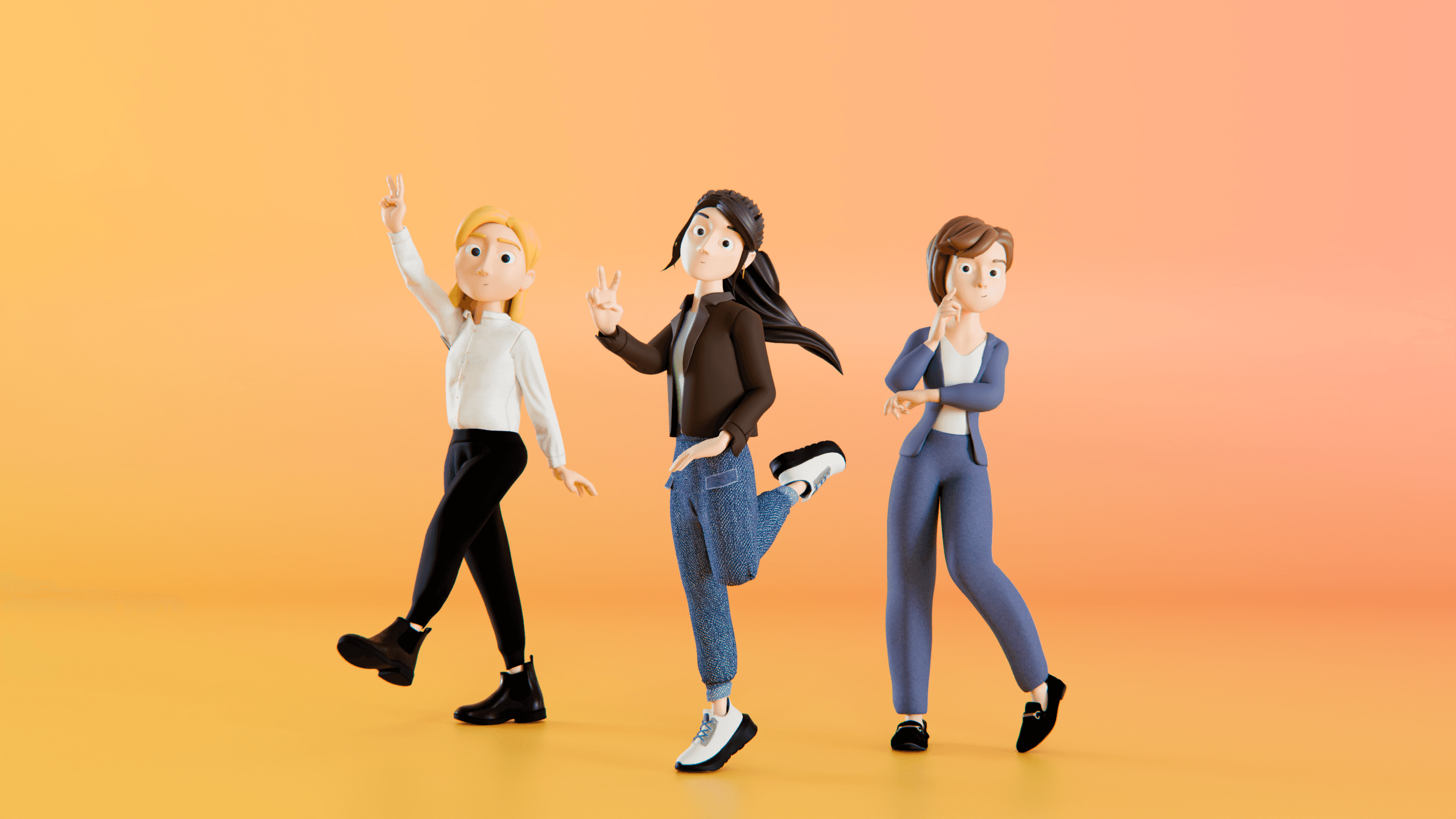 Three 3D women characters posing in front of a colorful backdrop