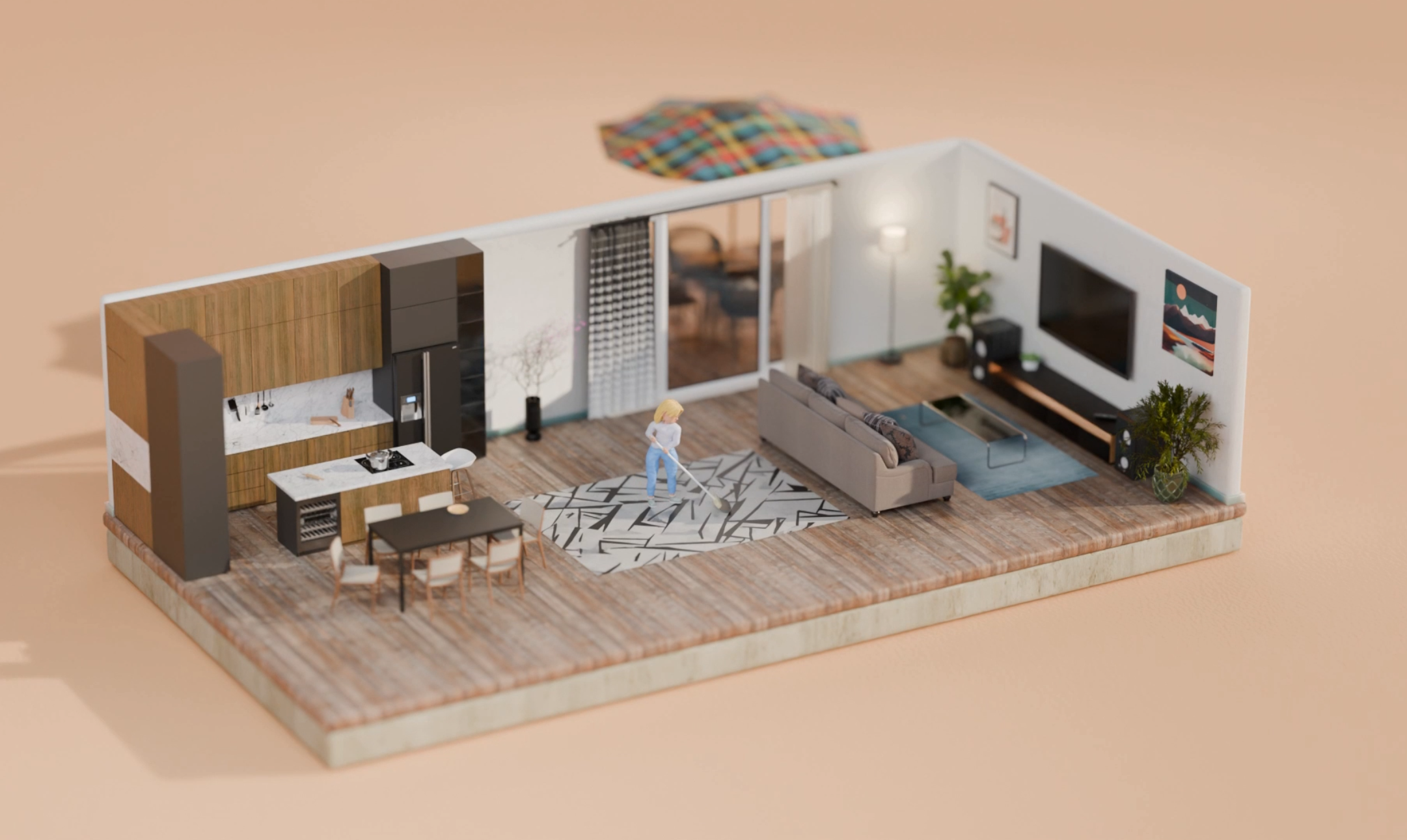 A miniature living room with a person inside it.