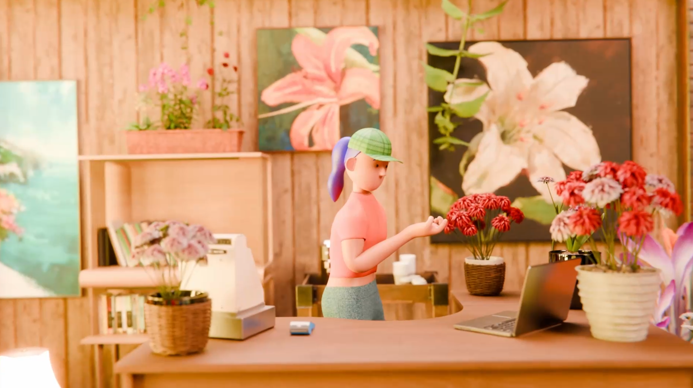 A stylized 3D character surrounded by flowers, plants, and wooden shelves in a flower shop.