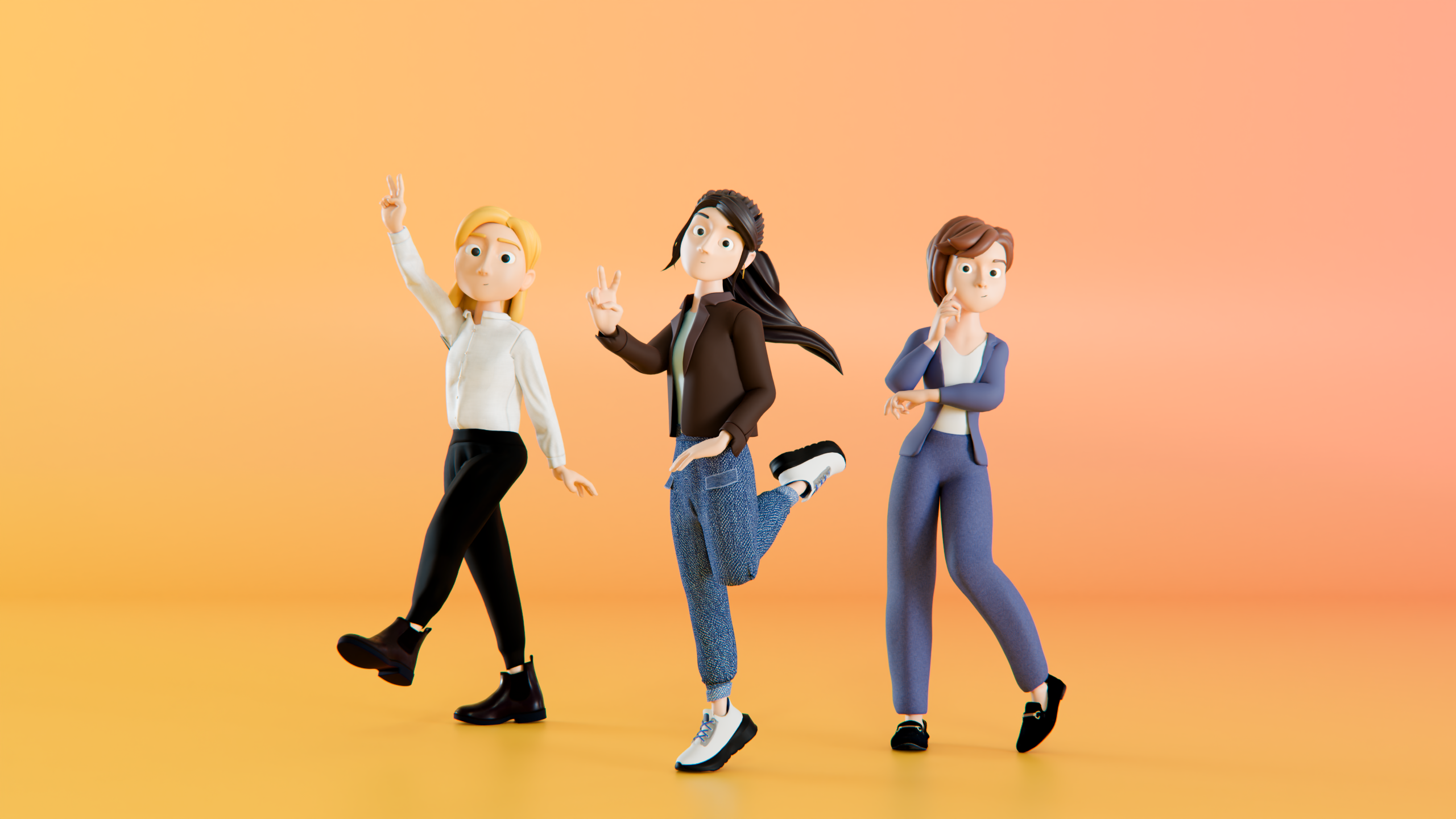 Three 3D women characters posing in front of a colorful backdrop