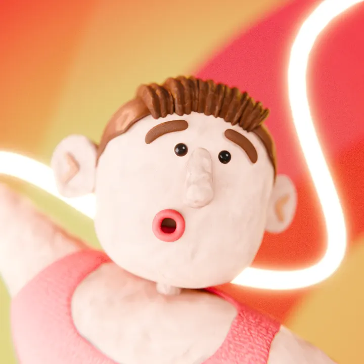 A surprised clay-like 3D character with brown hair and an open mouth on an orange background.