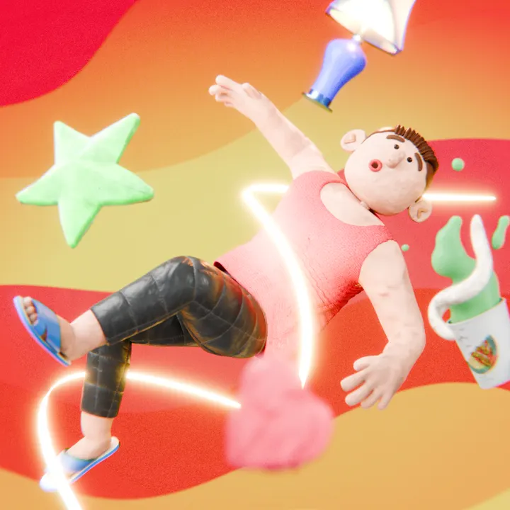 A 3D character in a pink shirt leaping among colorful stars and glowing curves.