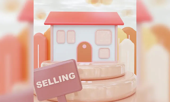 A small pastel 3D house with a coral roof and a selling sign on a round platform.
