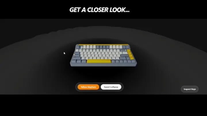 A gray and yellow 3D keyboard displayed in a dark product website.